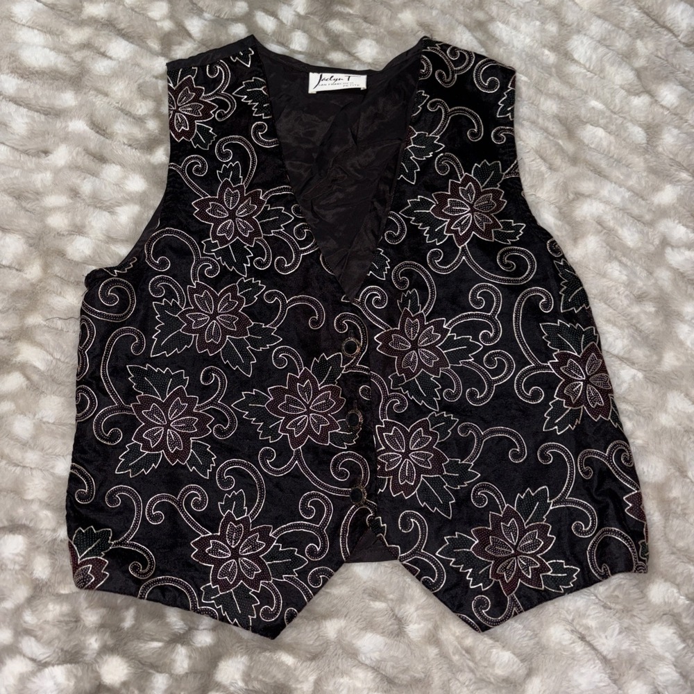 Vtg Jaclyn T San Francisco Velvet Embroidered Black Red Green Gold Vest Xmas